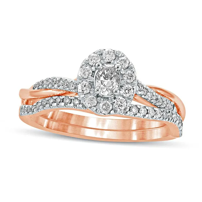 050 CT TW Oval Natural Diamond Frame Twist Shank Bridal Engagement Ring Set in Solid 10K Rose Gold Goldia Rings 050 CT TW Oval Natural Diamond Frame Twist Shank Bridal Engagement Ring Set in Solid 10K Rose Gold Goldia Rings