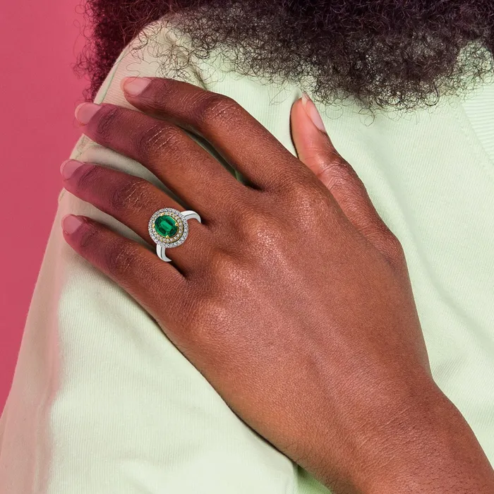 14k TwoTone 12 Ct Lab Grown Diamond VSSI G and Lab Created Emerald Fashion Ring Goldia Rings