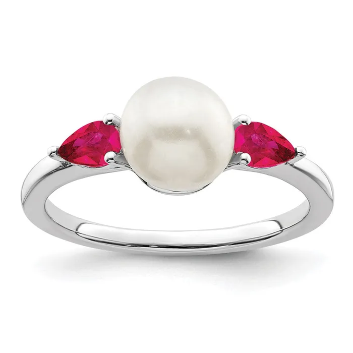14k White Gold FWC Pearl and Ruby Ring Goldia Rings