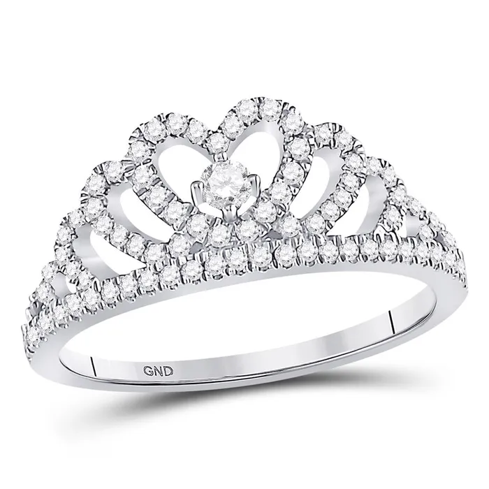 14k White Gold Round Diamond Heart Crown Fashion Ring 13 Cttw gndatlanta Rings