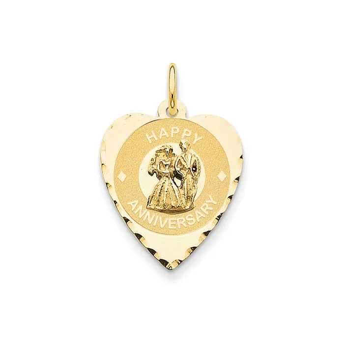 14k Yellow Gold Happy Anniversary with Bride Groom Heart Disc Charm Goldia Charm Necklaces