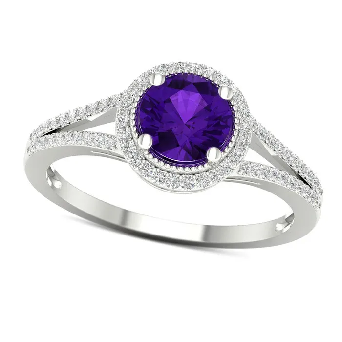 60mm Amethyst and 017 CT TW Natural Diamond Double Frame Antique Vintagestyle Split Shank Ring in Solid 10K White Gold Goldia Rings 60mm Amethyst and 017 CT TW Natural Diamond Double Frame Antique Vintagestyle Split Shank Ring in Solid 10K White Gold Goldia Rings