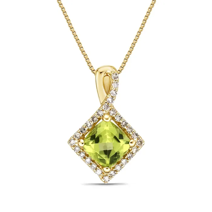 60mm CushionCut Peridot and 017 CT TW Natural Diamond Frame Tilted Twist Pendant in 10K Yellow Gold Goldia Necklaces 60mm CushionCut Peridot and 017 CT TW Natural Diamond Frame Tilted Twist Pendant in 10K Yellow Gold Goldia Necklaces