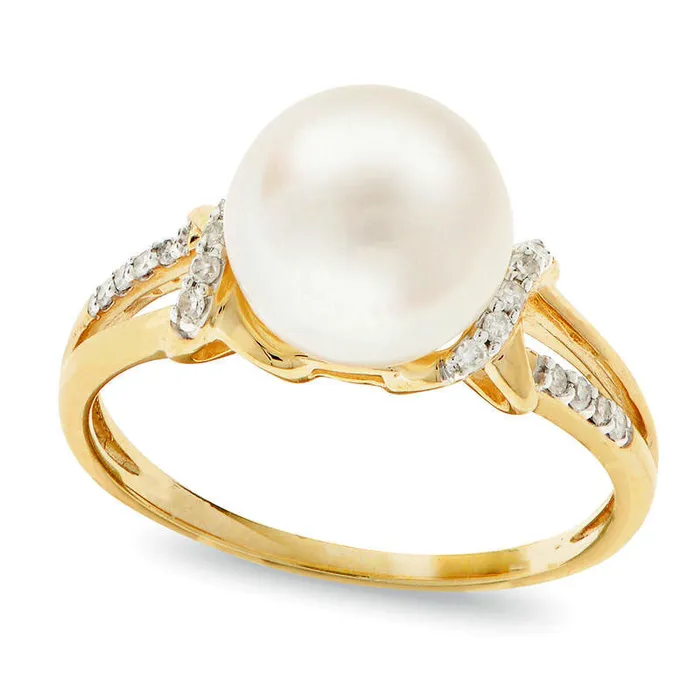 85 90mm Cultured Freshwater Pearl and 007 CT TW Natural Diamond Ribbon Wrap Split Shank Ring in Solid 14K Gold Goldia Rings 85 90mm Cultured Freshwater Pearl and 007 CT TW Natural Diamond Ribbon Wrap Split Shank Ring in Solid 14K Gold Goldia Rings