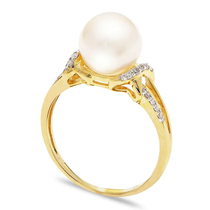 85 90mm Cultured Freshwater Pearl and 007 CT TW Natural Diamond Ribbon Wrap Split Shank Ring in Solid 14K Gold Goldia Rings 85 90mm Cultured Freshwater Pearl and 007 CT TW Natural Diamond Ribbon Wrap Split Shank Ring in Solid 14K Gold Goldia Rings
