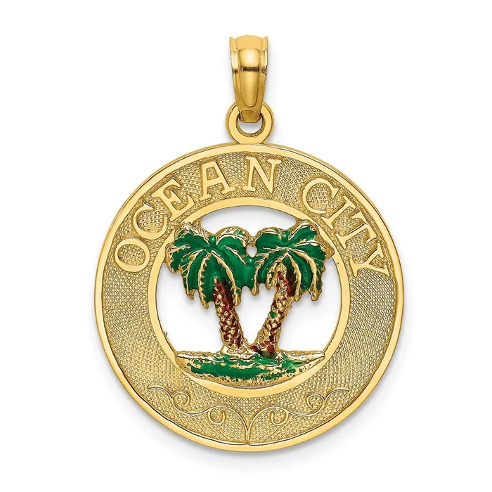 Charm Necklaces Goldia 14k Yellow Gold Enameled Palm Trees OCEAN CITY Circle Charm