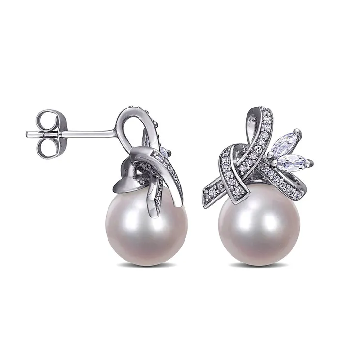 Earrings Goldia Cultured Freshwater Pearl Marquise White Topaz and 017 CT TW Diamond Tied Ribbon Drop Earrings in 10K White Gold Earrings Goldia Cultured Freshwater Pearl Marquise White Topaz and 017 CT TW Diamond Tied Ribbon Drop Earrings in 10K White Gold