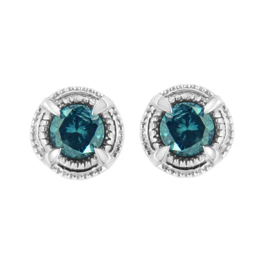 Earrings JMS always Original Haus of Brilliance 925 Sterling Silver 1 12 cttw Treated Blue Diamond Modern 4Prong Solitaire Milgrain Stud Earrings