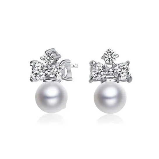 Earrings JMS always Original Megan Walford Sterling Silver Round Pearl with Heart and Round Cubic Zirconia Earrings