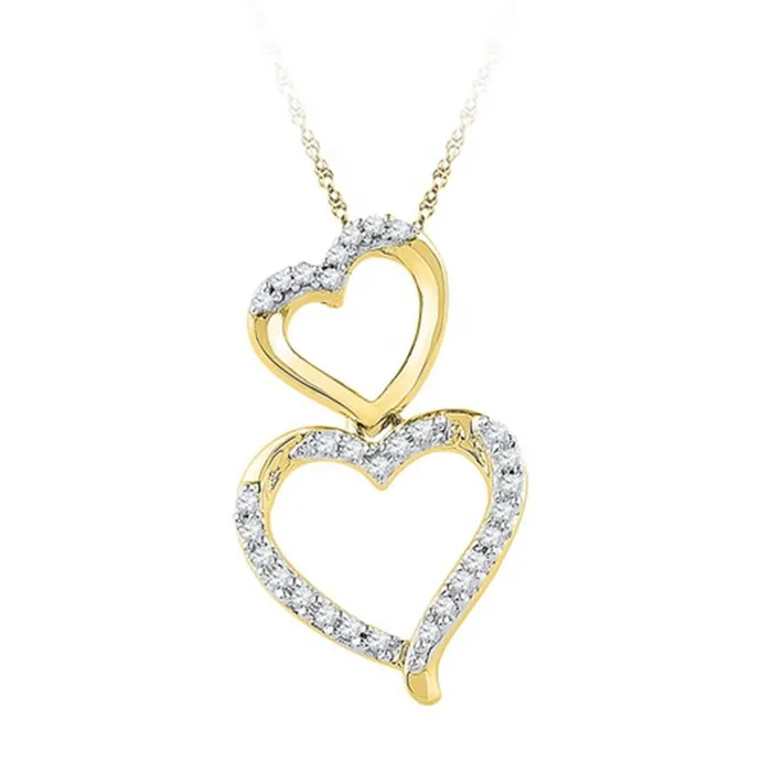 gndatlanta Necklaces 10k Yellow Gold Round Diamond Double Stacked Heart Pendant 16 Cttw gndatlanta Necklaces 10k Yellow Gold Round Diamond Double Stacked Heart Pendant 16 Cttw
