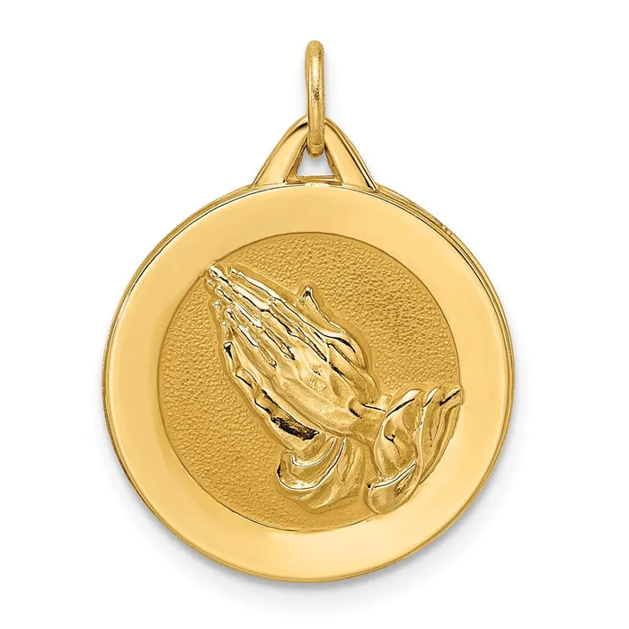 Goldia 14k Yellow Gold Polished and Satin Solid Praying Hands Disc Pendant Necklaces Goldia 14k Yellow Gold Polished and Satin Solid Praying Hands Disc Pendant Necklaces