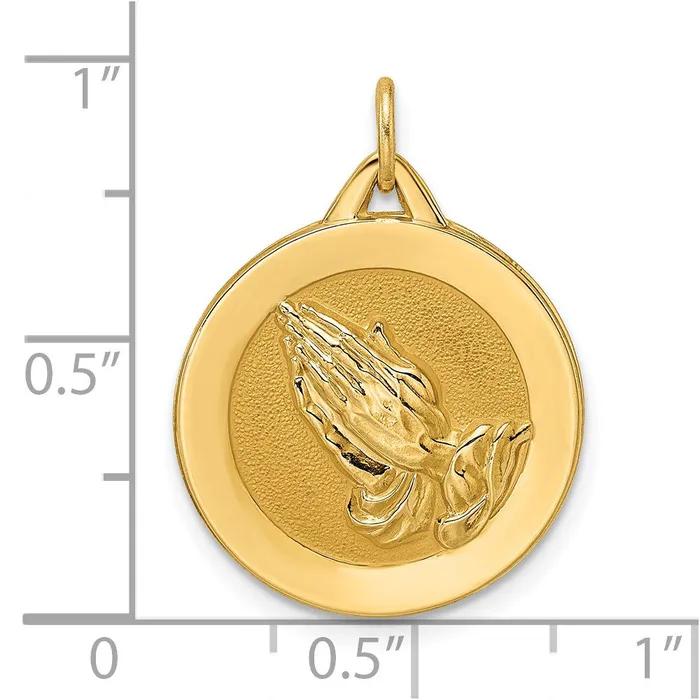 Goldia 14k Yellow Gold Polished and Satin Solid Praying Hands Disc Pendant Necklaces