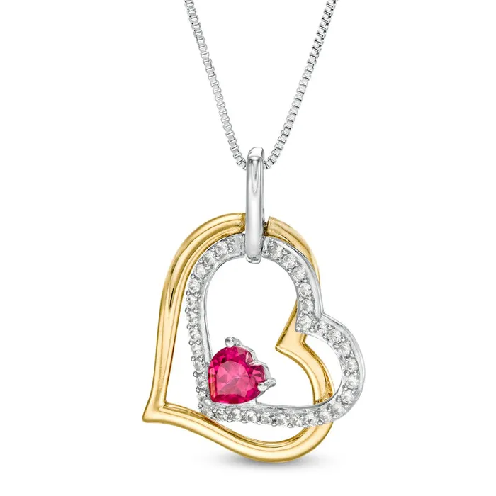 Goldia 40mm LabCreated Ruby and White Sapphire Tilted Double Heart Pendant in Sterling Silver and 14K Gold Plate Necklaces Goldia 40mm LabCreated Ruby and White Sapphire Tilted Double Heart Pendant in Sterling Silver and 14K Gold Plate Necklaces