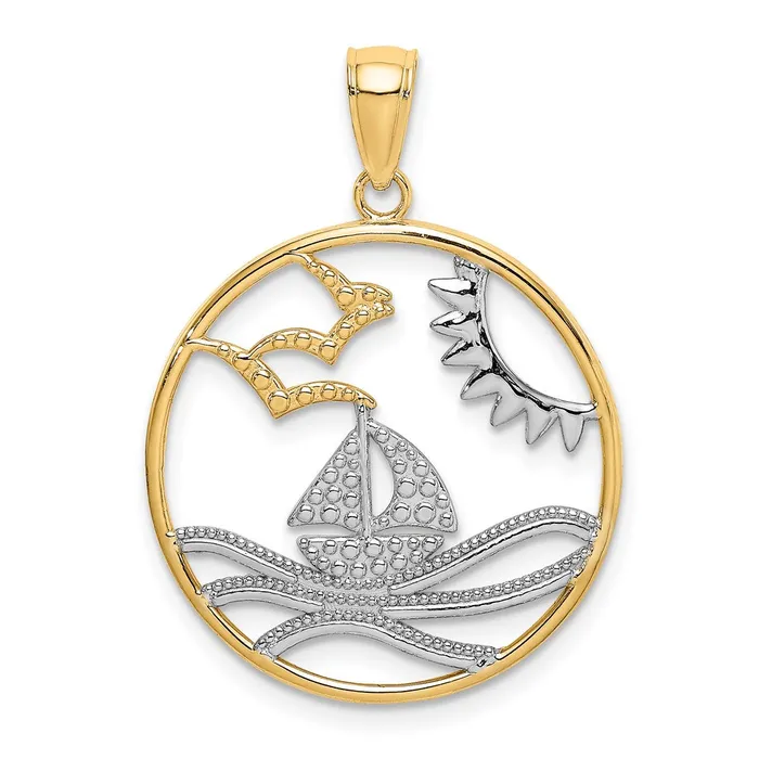 Goldia Charm Necklaces 14k Yellow Rhodium Gold wRhodium Sun Sailboat Water Seagulls Circle Charm