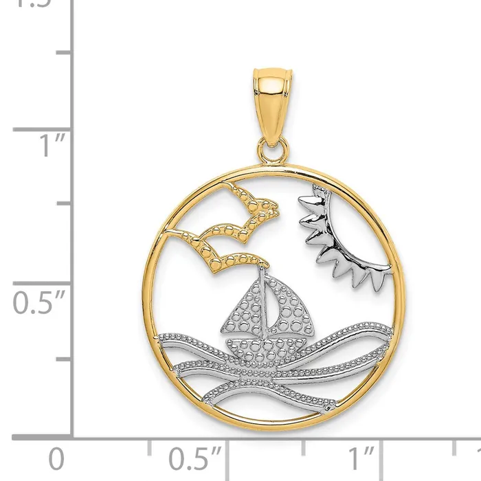 Goldia Charm Necklaces 14k Yellow Rhodium Gold wRhodium Sun Sailboat Water Seagulls Circle Charm