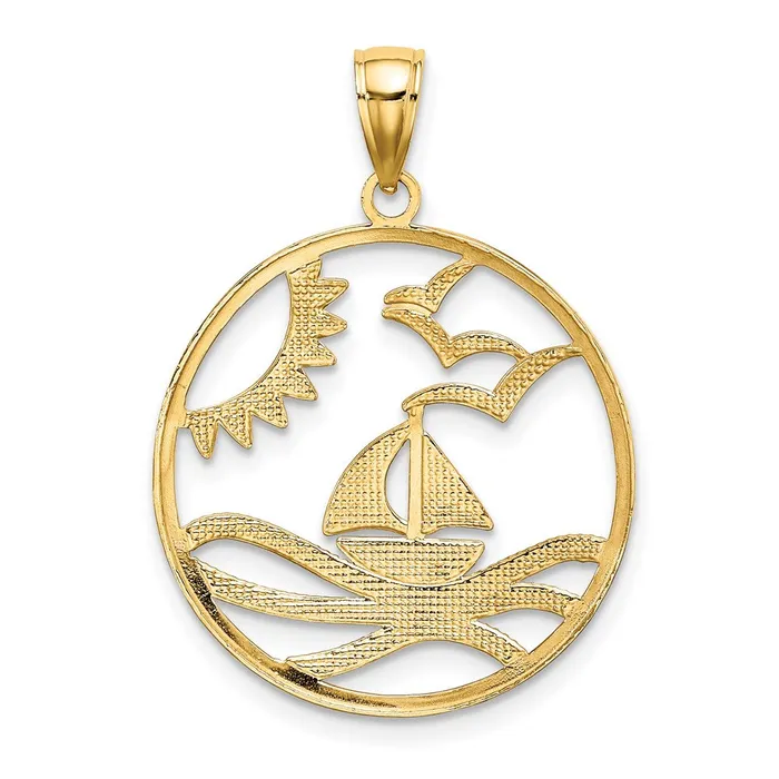 Goldia Charm Necklaces 14k Yellow Rhodium Gold wRhodium Sun Sailboat Water Seagulls Circle Charm