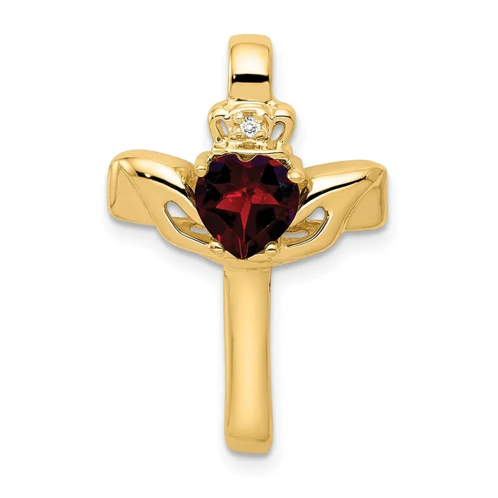 Goldiacom 14k Garnet and AA Diamond Claddagh Cross Pendant Necklaces