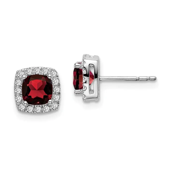 Goldia Earrings 14k White Gold Cushion Garnet and Real Diamond Halo Earrings Goldia Earrings 14k White Gold Cushion Garnet and Real Diamond Halo Earrings