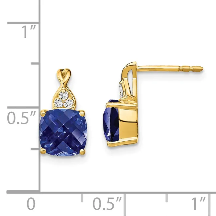 Goldia Earrings 14k Yellow Gold Checkerboard Created Sapphire and Real Diamond Earrings