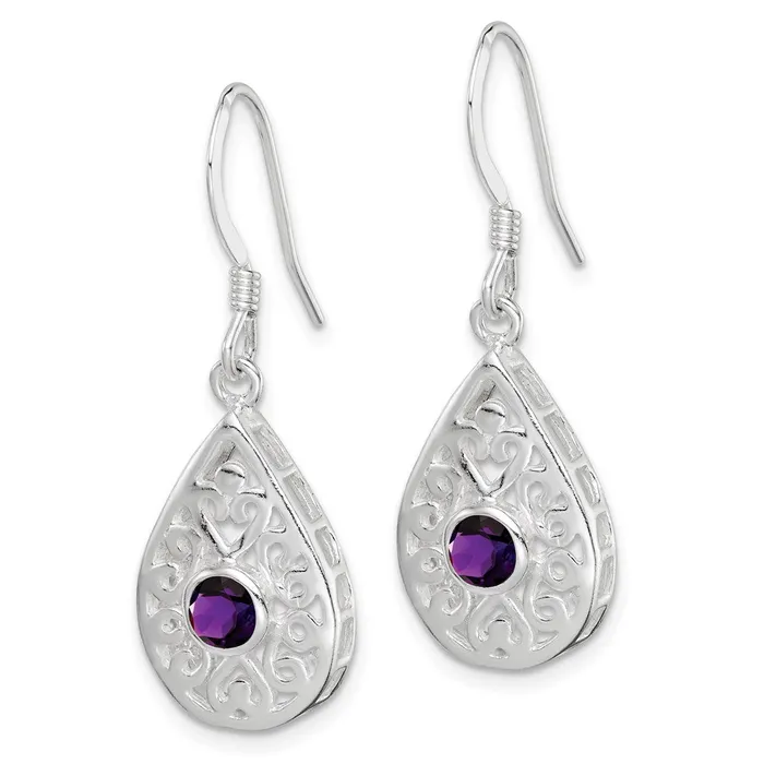 Goldia Earrings Sterling Silver Amethyst Polished Fancy Filigree Dangle Earrings