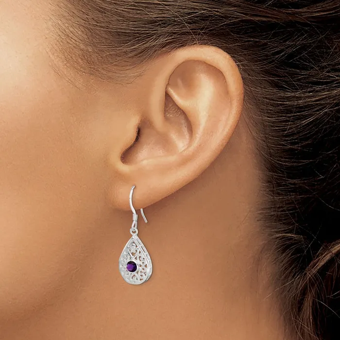 Goldia Earrings Sterling Silver Amethyst Polished Fancy Filigree Dangle Earrings