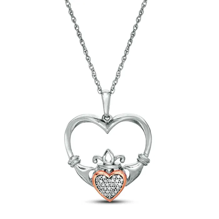 Goldia Necklaces 005 CT TW Composite Natural Diamond Claddagh Heart Outline Pendant in Sterling Silver and 10K Rose Gold