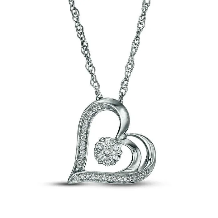 Goldia Necklaces 007 CT TW Natural Diamond Flower and Heart Outline Pendant in 10K White Gold Goldia Necklaces 007 CT TW Natural Diamond Flower and Heart Outline Pendant in 10K White Gold