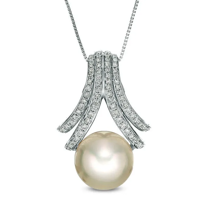Goldia Necklaces 90 120mm Golden Cream South Sea Pearl and 033 CT TW Natural Diamond Double Chevron Pendant in 18K White Gold Goldia Necklaces 90 120mm Golden Cream South Sea Pearl and 033 CT TW Natural Diamond Double Chevron Pendant in 18K White Gold