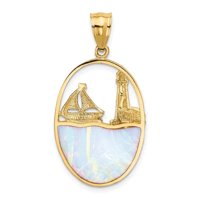Goldia PreStyled Sets 14k Yellow Gold Lab Created Opal Lighthouse Sailboat Pendant