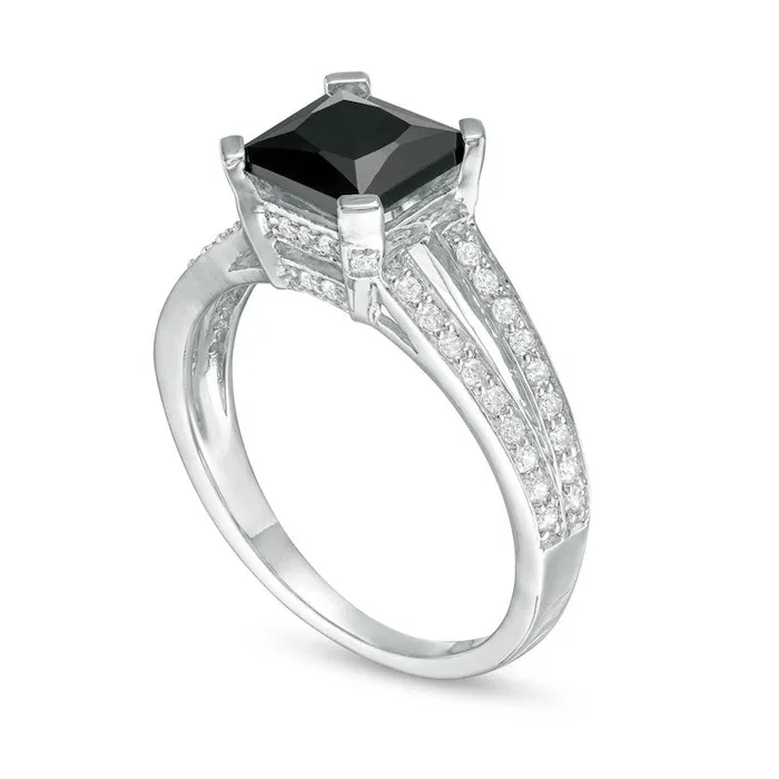 Goldia Rings 72mm PrincessCut LabCreated Black Sapphire and 025 CT TW Diamond Split Shank Ring in Solid 10K White Gold Goldia Rings 72mm PrincessCut LabCreated Black Sapphire and 025 CT TW Diamond Split Shank Ring in Solid 10K White Gold