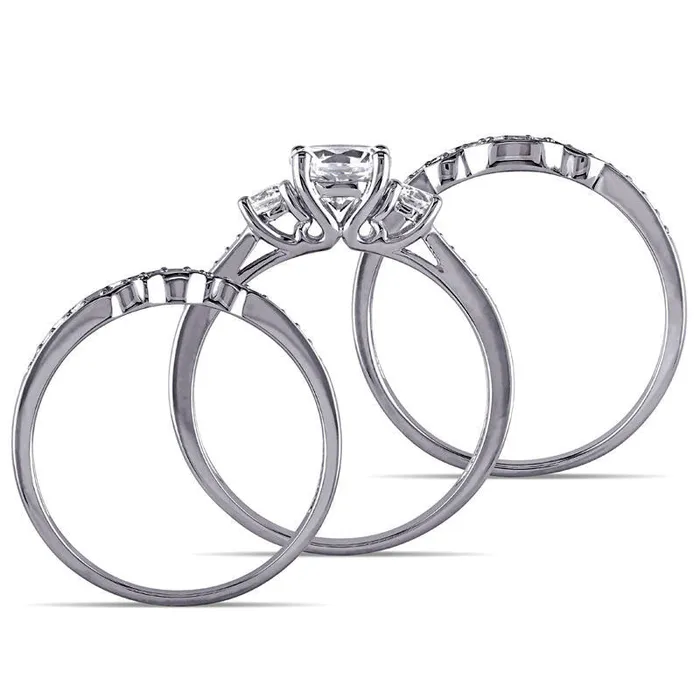 Goldia Rings LabCreated White Sapphire and 025 CT TW Diamond Three Stone Three Piece Bridal Engagement Ring Set in Solid 10K White Gold Goldia Rings LabCreated White Sapphire and 025 CT TW Diamond Three Stone Three Piece Bridal Engagement Ring Set in Solid 10K White Gold