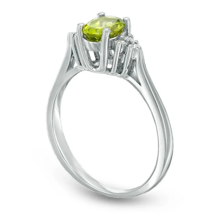 Goldia Rings Oval Peridot and Natural Diamond Accent TriSides Ring in Solid 10K White Gold Goldia Rings Oval Peridot and Natural Diamond Accent TriSides Ring in Solid 10K White Gold