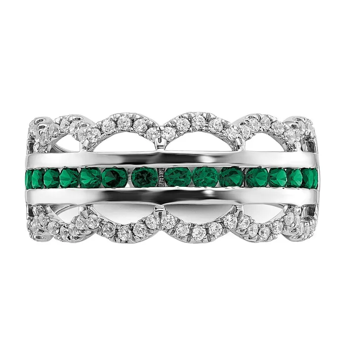 Goldia Rings Solid 14k White Gold Created Simulated Emerald and CZ Scallop Ring