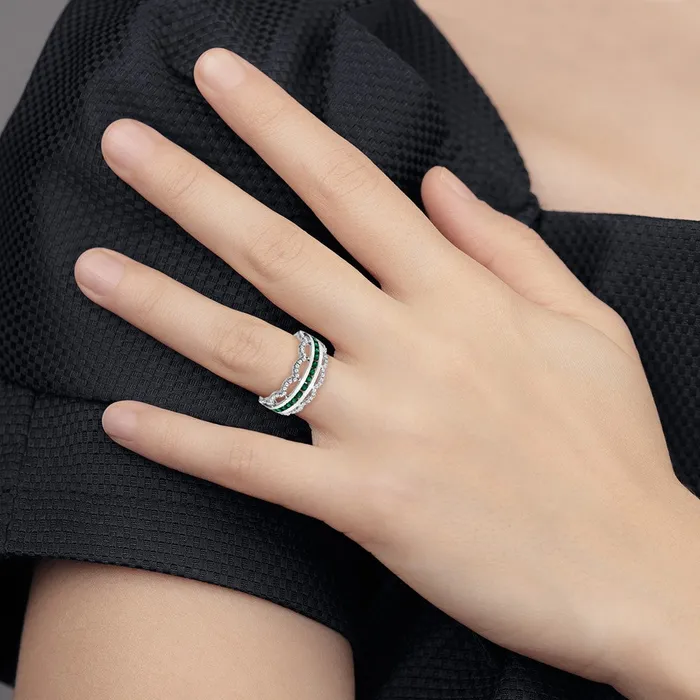Goldia Rings Solid 14k White Gold Created Simulated Emerald and CZ Scallop Ring