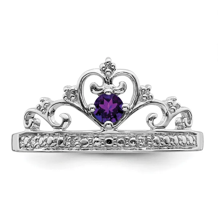 Goldia Rings Sterling Silver Rhodium Plated Diamond and Amethyst Ring