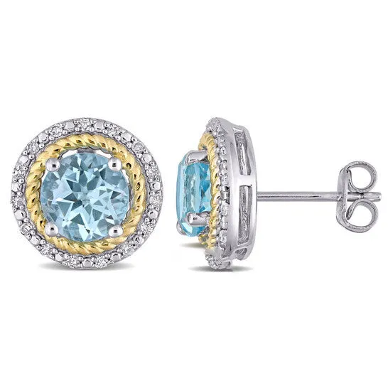 JMS always Earrings Original AMOUR 3 16 CT TGW Sky Blue Topaz and 16 CT TDW Diamond Halo Stud Earrings In Yellow Plated Sterling Silver