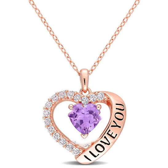 JMS always Necklaces Original AMOUR 1 58 CT TGW Amethyst and White Topaz Heart i Love You Pendant with Chain In Rose Plated Sterling Silver