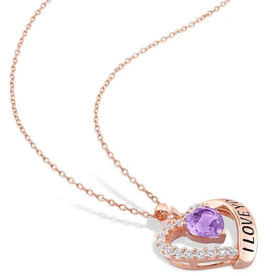 JMS always Necklaces Original AMOUR 1 58 CT TGW Amethyst and White Topaz Heart i Love You Pendant with Chain In Rose Plated Sterling Silver JMS always Necklaces Original AMOUR 1 58 CT TGW Amethyst and White Topaz Heart i Love You Pendant with Chain In Rose Plated Sterling Silver