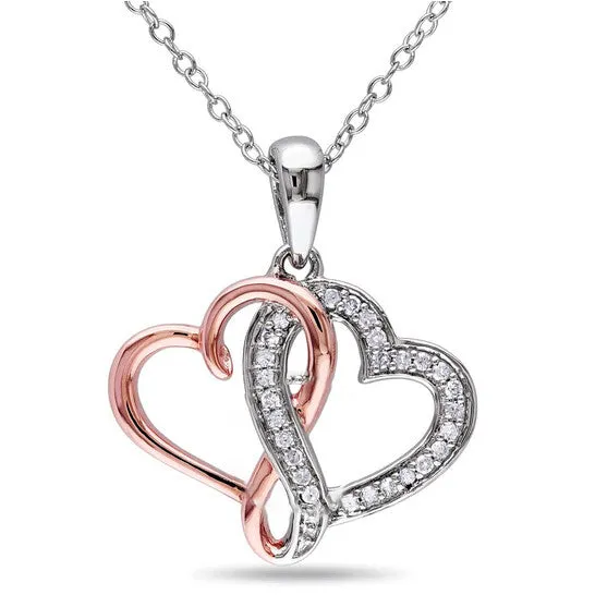 JMS always Necklaces Original AMOUR 17 CT TW Diamond Interlocking Heart Pendant with Chain In 2Tone Pink and White Sterling Silver