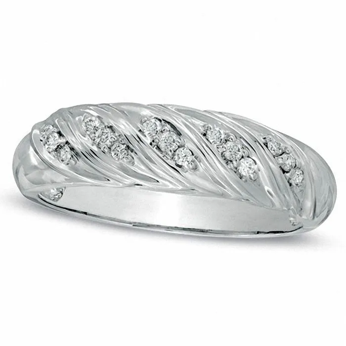 Mens 013 CT TW Natural Diamond Spiral Wedding Band in Solid 10K White Gold Goldia Rings Mens 013 CT TW Natural Diamond Spiral Wedding Band in Solid 10K White Gold Goldia Rings