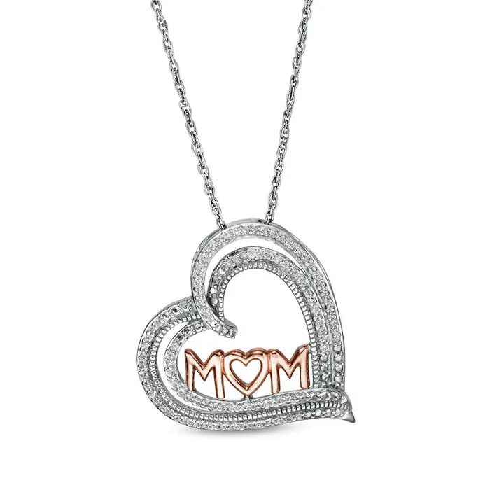 Necklaces 02 CT TW Natural Diamond MOM Triple Row Heart Pendant in Sterling Silver with 10K Rose Gold Goldia Necklaces 02 CT TW Natural Diamond MOM Triple Row Heart Pendant in Sterling Silver with 10K Rose Gold Goldia