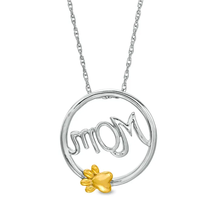 Necklaces Cursive Mom and Paw Print Circle Frame Pendant in Sterling Silver and 10K Yellow Gold Goldia Necklaces Cursive Mom and Paw Print Circle Frame Pendant in Sterling Silver and 10K Yellow Gold Goldia