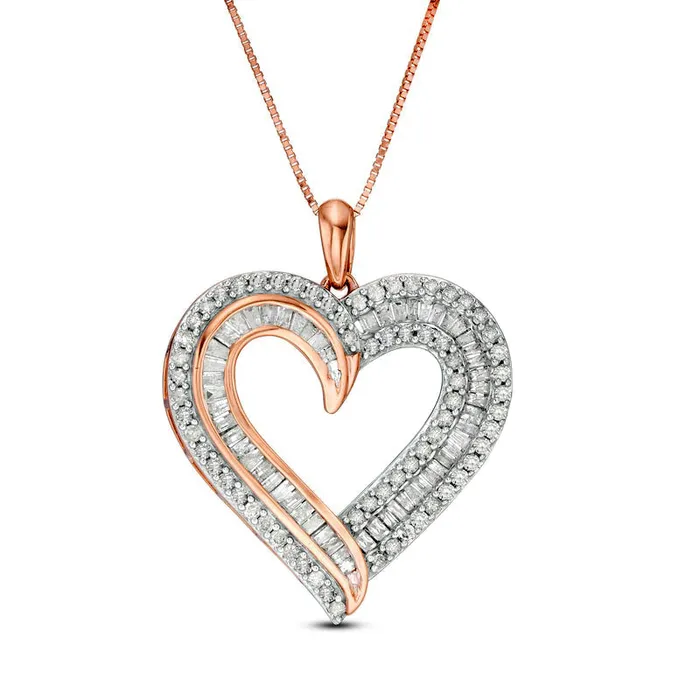 Necklaces Goldia 1 CT TW Baguette and Round Natural Diamond Double Row Heart Pendant in 10K Rose Gold Necklaces Goldia 1 CT TW Baguette and Round Natural Diamond Double Row Heart Pendant in 10K Rose Gold