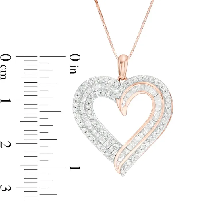 Necklaces Goldia 1 CT TW Baguette and Round Natural Diamond Double Row Heart Pendant in 10K Rose Gold Necklaces Goldia 1 CT TW Baguette and Round Natural Diamond Double Row Heart Pendant in 10K Rose Gold