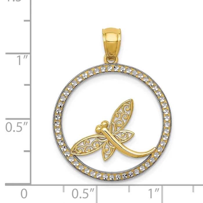 Necklaces Goldia 14k Yellow Rhodium Gold and Rhodium DC Dragonfly Circle Pendant