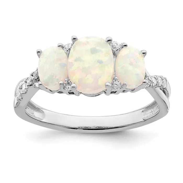 Rings 14k White Gold Created Opal and Real Diamond 3stone Ring Goldia