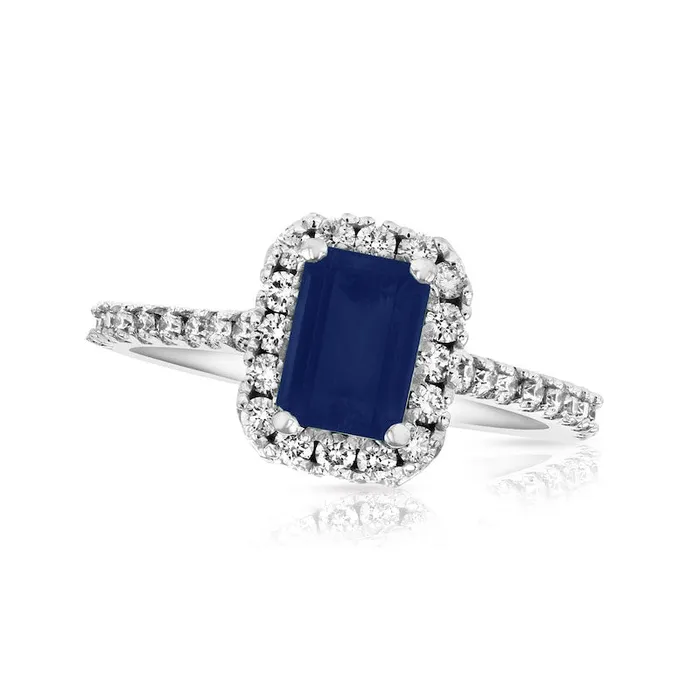 Rings EmeraldCut Blue Sapphire and 050 CT TW Natural Diamond Frame Ring in Solid 14K White Gold Goldia Rings EmeraldCut Blue Sapphire and 050 CT TW Natural Diamond Frame Ring in Solid 14K White Gold Goldia