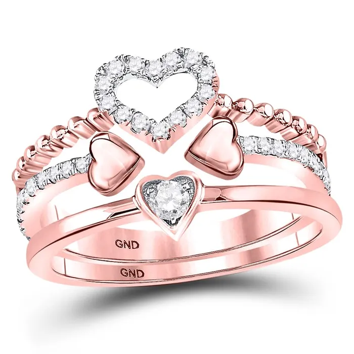 Rings gndatlanta 14k Rose Gold Round Diamond 2Piece Beaded Heart Band Ring Set 13 Cttw Rings gndatlanta 14k Rose Gold Round Diamond 2Piece Beaded Heart Band Ring Set 13 Cttw