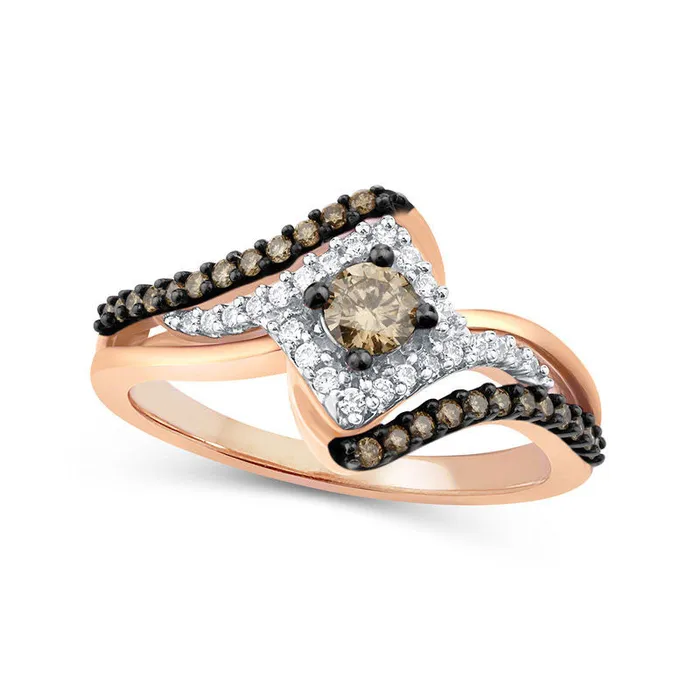 Rings Goldia 050 CT TW Champagne and White Natural Diamond Tilted Square Frame Bypass Ring in Solid 10K Rose Gold Rings Goldia 050 CT TW Champagne and White Natural Diamond Tilted Square Frame Bypass Ring in Solid 10K Rose Gold
