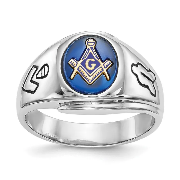 Rings Goldia 14k White Gold Mens Polished Antiqued and Grooved with Imitation Blue Spinel Masonic Ring Rings Goldia 14k White Gold Mens Polished Antiqued and Grooved with Imitation Blue Spinel Masonic Ring